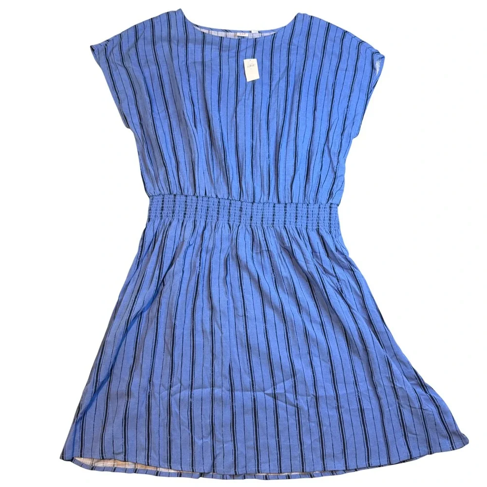 Gap Womens Blue Striped Smocked Waist Rayon Cap‎ Sleeve Casual Dress Large NWT